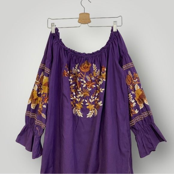 FREE PEOPLE FLEUR DU JOUR OFF-THE-SHOULDER EMBROIDERY DRESS PURPLE Sz L - Picture 3 of 13